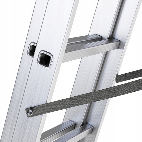 Detail van de aluminium ladder met een grijze textielband.