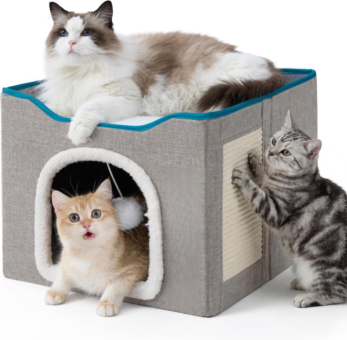 Hervita Hoogwaardige Kattenmand Grijs - Afgesloten En Rustgevend - Ontworpen Voor Rust - Opvouwbaar - Met Krabvlak - Kattenhuisjes Binnen - Kattenhuis - 38 x 38 x 38 CM