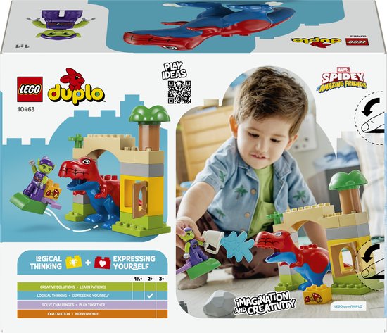 Doos van LEGO Duplo Spidey-Rex vs. Green Goblin met kind en speelgoed.