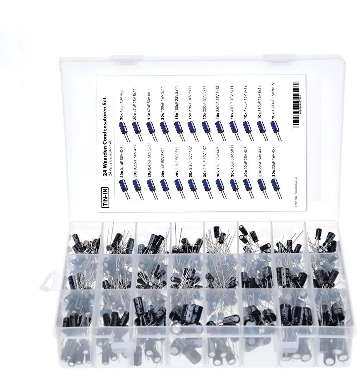 TIN-IN - 500x Elektrolytische Condensatoren Set 24 Waarden in Box – 0,1uF tot 1000uF – 50V Elektronische Component Kit – Doorverbinding Componenten voor DIY Elektronica Reparatie Prototype - Electrolytic Capacitor Set
