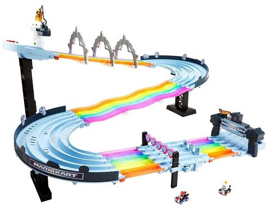 Mario Kart Rainbow Road racebaan met lichteffecten in de bochten.