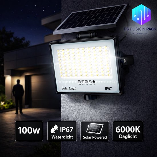 100W IP67 waterdichte zonneschijnwerper met daglicht (6000K), gemonteerd aan een muur, met silhouet van een man op de achtergrond.