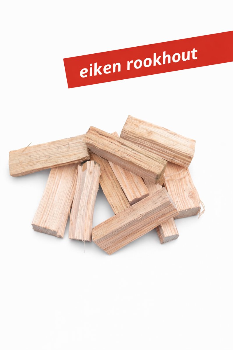 5 kg eiken + 5 kg beuken rookhout. middel circa 15 cm