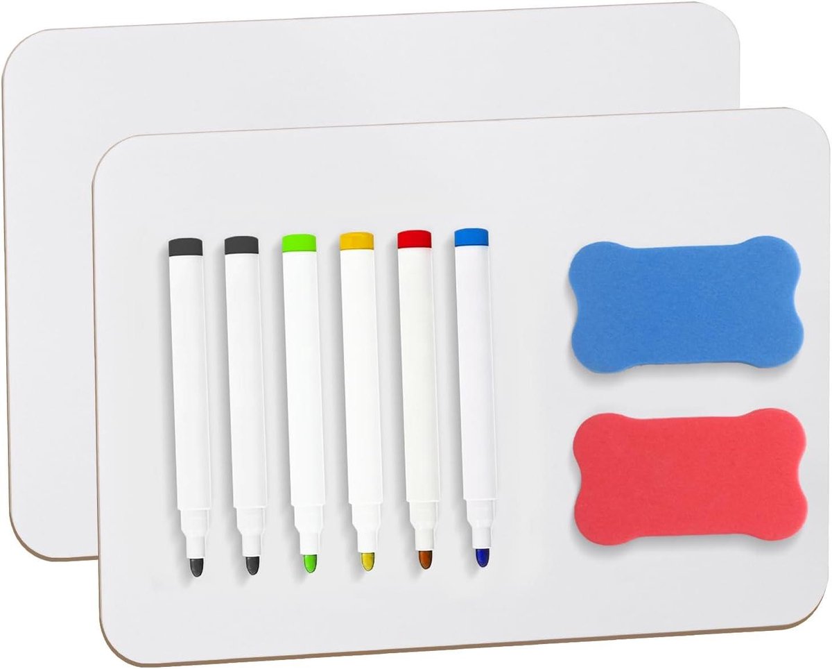Dubbelzijdig Mini-Whiteboard 21 x 30 cm - A4 Formaat - Draagbaar - Wit - Inclusief 6 Pennen en 2 Gummen - Voor Klaslokaal, Thuis en Kantoor