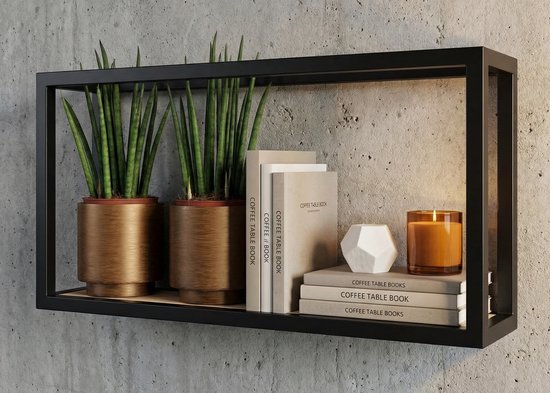 Wandrekken metaal zwart keuken- 62cm breed x 30cm hoog x 12cm diep. - Wandschap woonkamer zwart dik met hout - wandplank Soto rechthoekig - Wandschappen design metaal