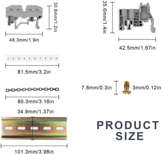 MYLERCT DIN-rail Klemmen Set – 10-delige Rijterminal Met Rails, Schroeven En Markeerstrips Voor Elektrotechniek