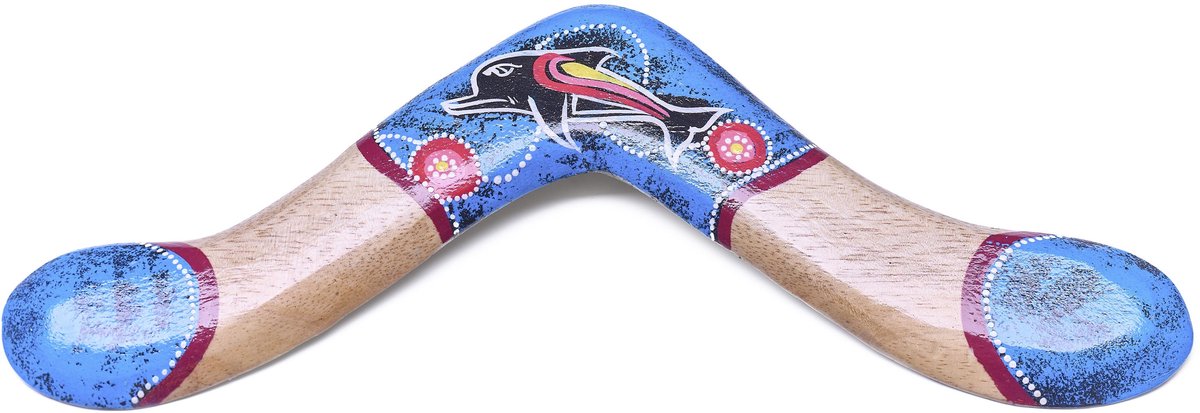 Boemerang Wide Tip Blauw – Houten Werpboemerang met Aboriginal beschildering (40 cm)