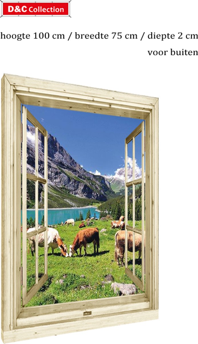 D&C Collection Tuinposter venster landschap opgespannen - 100x75x2 cm - tuindoek doorkijk nostalgisch venster - bergwei met koeien - landschap - bergen - weiland blauw groen wit