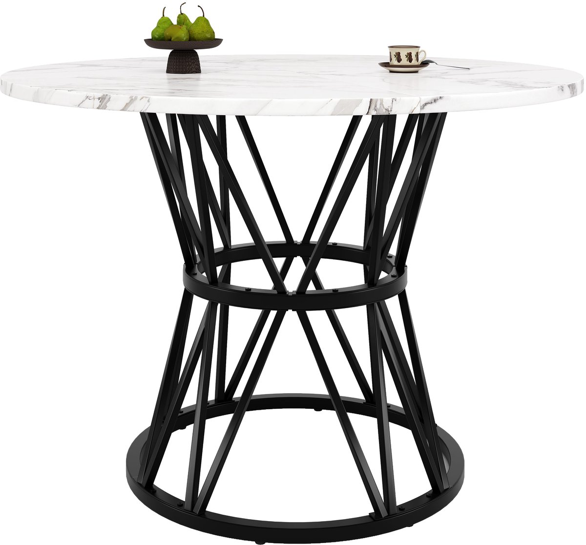 Merax Ronde Eettafel Met Marmerlook Ø100 X 76 Cm – Keukentafel Met Zwart Metalen Onderstel