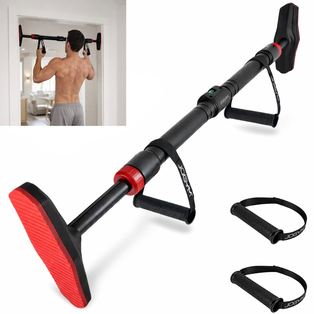JOGYM® Pull Up Bar - Deur - Zonder Boren - Pull Up Station - Dip Bars - Optrekstang - Krachttraining - Thuis Sporten - Inclusief Handvaten - Past Tussen Kozijnen Van 73 CM Tot 105 CM - tot 200 KG