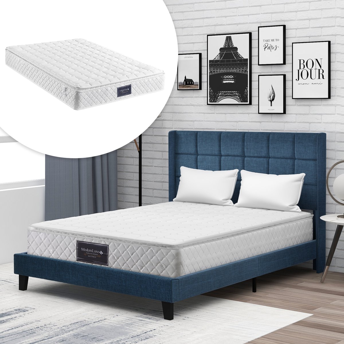 MIVRAY Gestoffeerd Bed 140x200 Cm - Met Lattenbodem En Hoog Hoofdbord - Voor Slaapkamer Of Logeerkamer - Linnen - Blauw - Met Matras