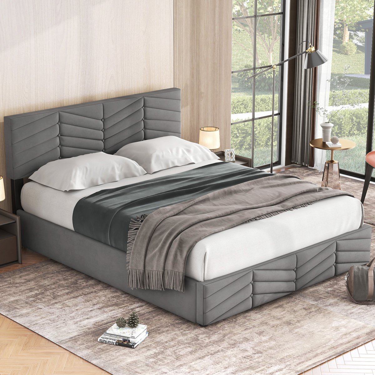 MIVRAY Gestoffeerd Bed 140x200cm - Bed Met Hydraulische Opbergruimte En Verstelbaar Hoofdbord - Slaapkamer - Fluweel - Grijs - Zonder Matras