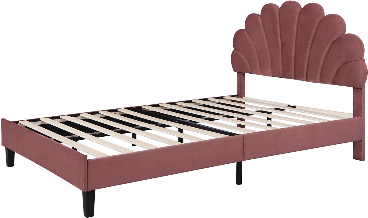 MIVRAY Gestoffeerd Bed 140x200cm - Tweepersoonsbed Met Bloemvormig Hoofdbord En Lattenbodem - Slaapkamer - Fluweel - Bonenrood - Zonder matras Oudroze