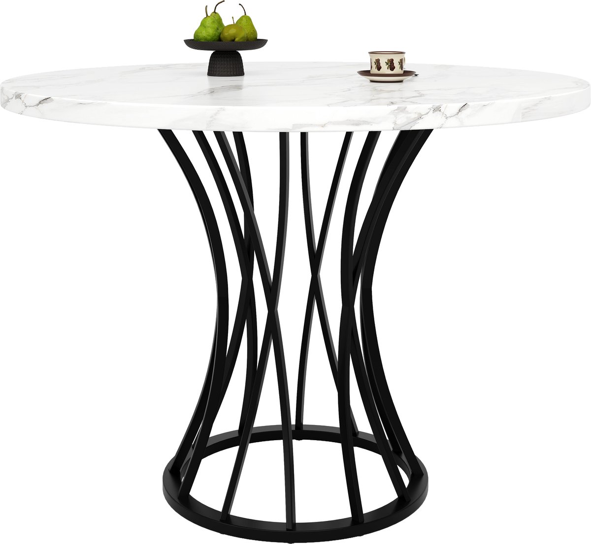 Merax Ronde Eettafel Met Marmerlook Tafelblad Ø80 X 76 Cm – Eetkamertafel Voor 4-6 Personen – Zwart Metalen Onderstel – Voor Eetkamer En Woonkamer