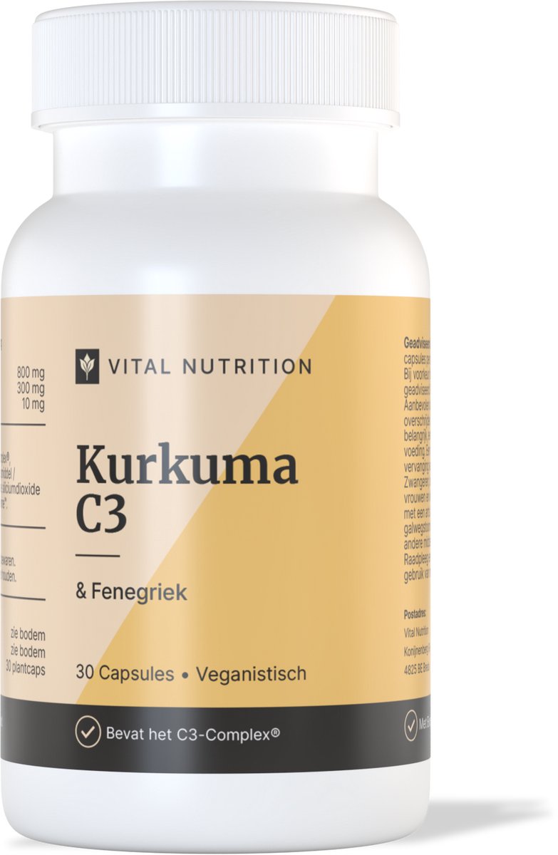 Vital Nutrition Kurkuma C3 - C3-complex en Bioperine™ - Met fenegriek - 276x betere opname - 30 Capsules