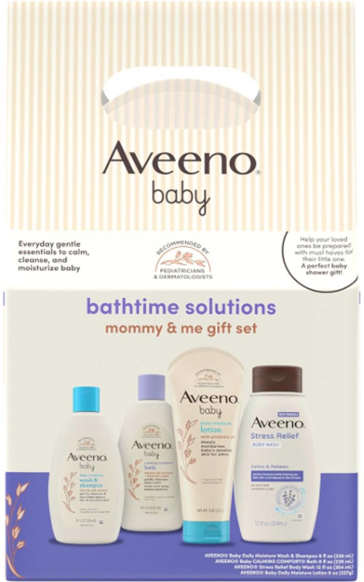 Aveeno Baby Bathtime Gift Set Mommy & Me – 4-delige Babyverzorging & Stress Relief voor Mama – Baby Wash, Shampoo, Dagelijkse Lotion & Calmerend Bad, Colloïdale Havermout