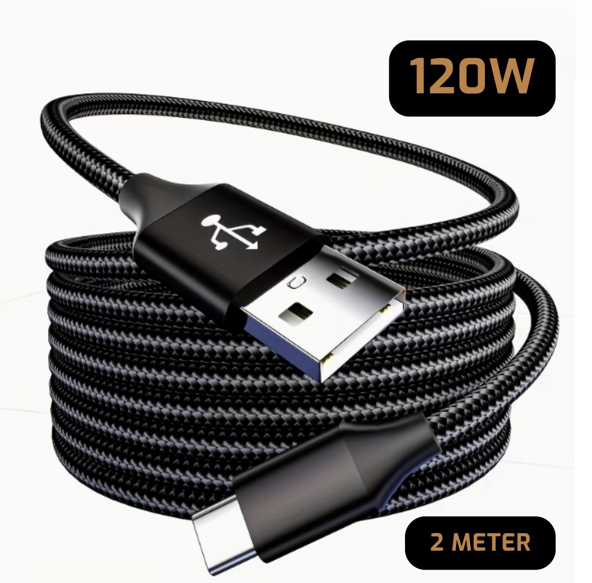 LUKARDIE® 120W Super Charge USB-A naar USB-C Kabel – 2 Meter – Ultra Sterk Gevlochten Nylon – Zwart - Geschikt voor Samsung, Xiaomi, Huawei & iPad Pro - Laden & Dataoverdracht