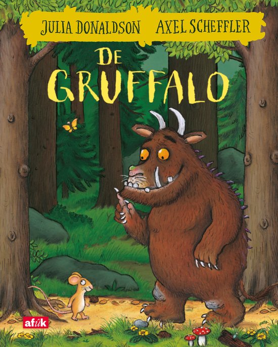 Couverture du livre 'De Gruffalo' avec le Gruffalo, une souris, un papillon et des illustrations de forêt. Écrit par Julia Donaldson, illustré par Axel Scheffler.