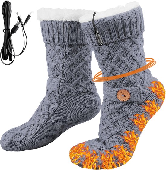 Ynkkvre - Verwarmde Sokken - Elektrisch Verwarmde Sokken - Verwarmde Sokken - USB Verwarming - Dik Fleece Met Sherpa Binnenvoering Voor Constante Warmte Van 40°C - 1 Paar - Voor Thuis/Kantoor/Grijs