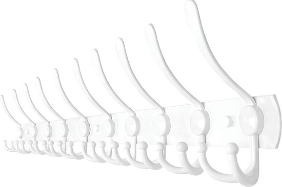 Witte wandkapstok met 10 dubbele haken, gemonteerd op een witte achterplaat.
