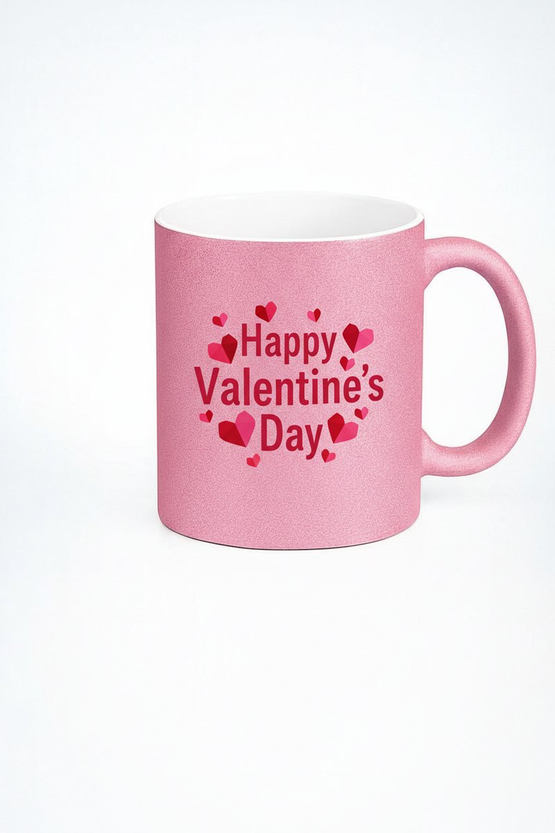 Roze Glitter Valentijn Mok met Hartjes - 'Happy Valentine's Day' Cadeau Beker