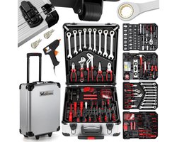 409-delige Gereedschapskist met Aluminium Koffer en Wielen – Complete Gereedschapset met Doppen, Sleutels, Schroevendraaiers, Tangen en Bits – Verrijdbare Gereedschapskoffer met Telescopische Handgreep voor Werkplaats, Garage, Bouwplaats, Monteurs