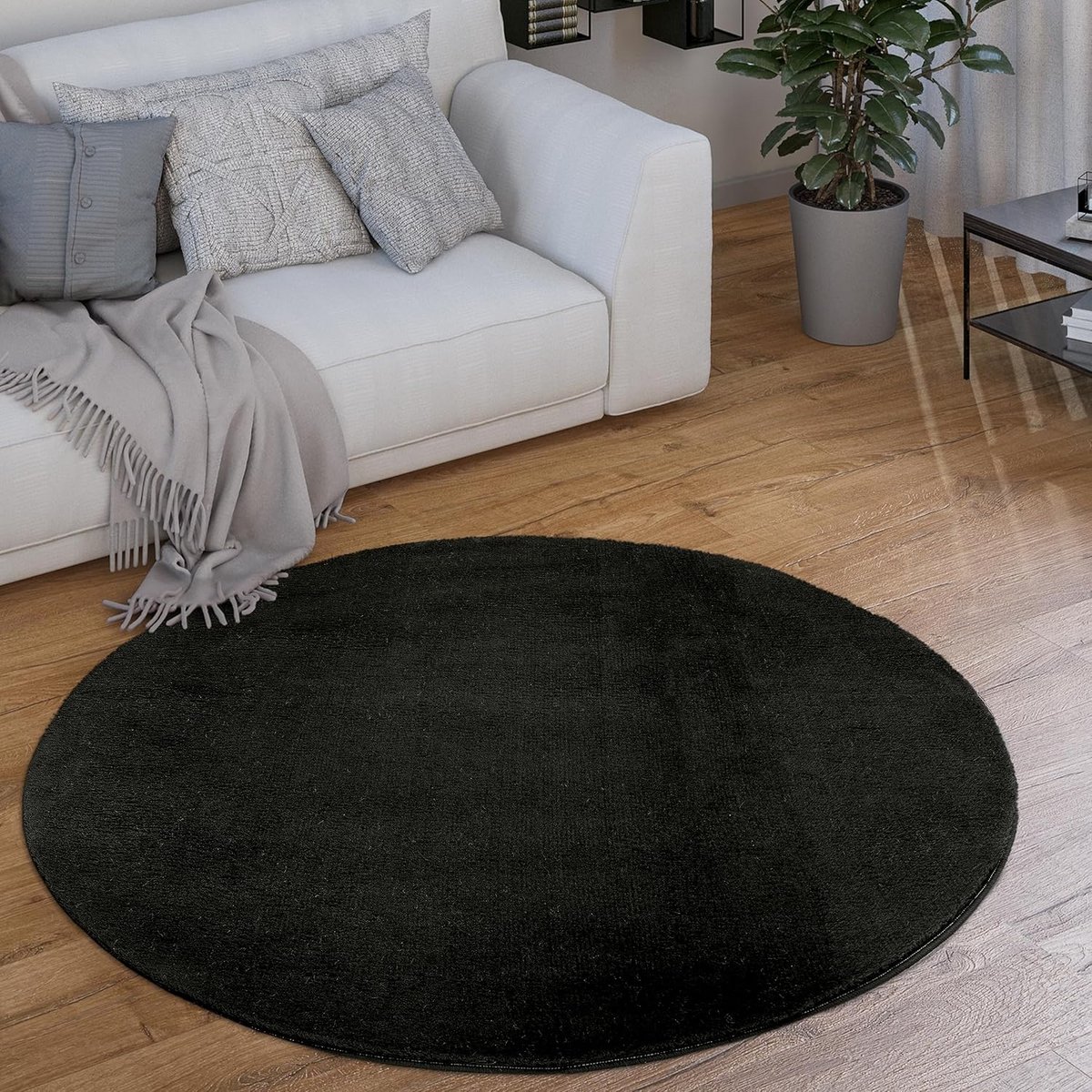 Ronde Vloerkleed Zacht Kortpolig Modern Wasbaar Zwart Ø 200cm