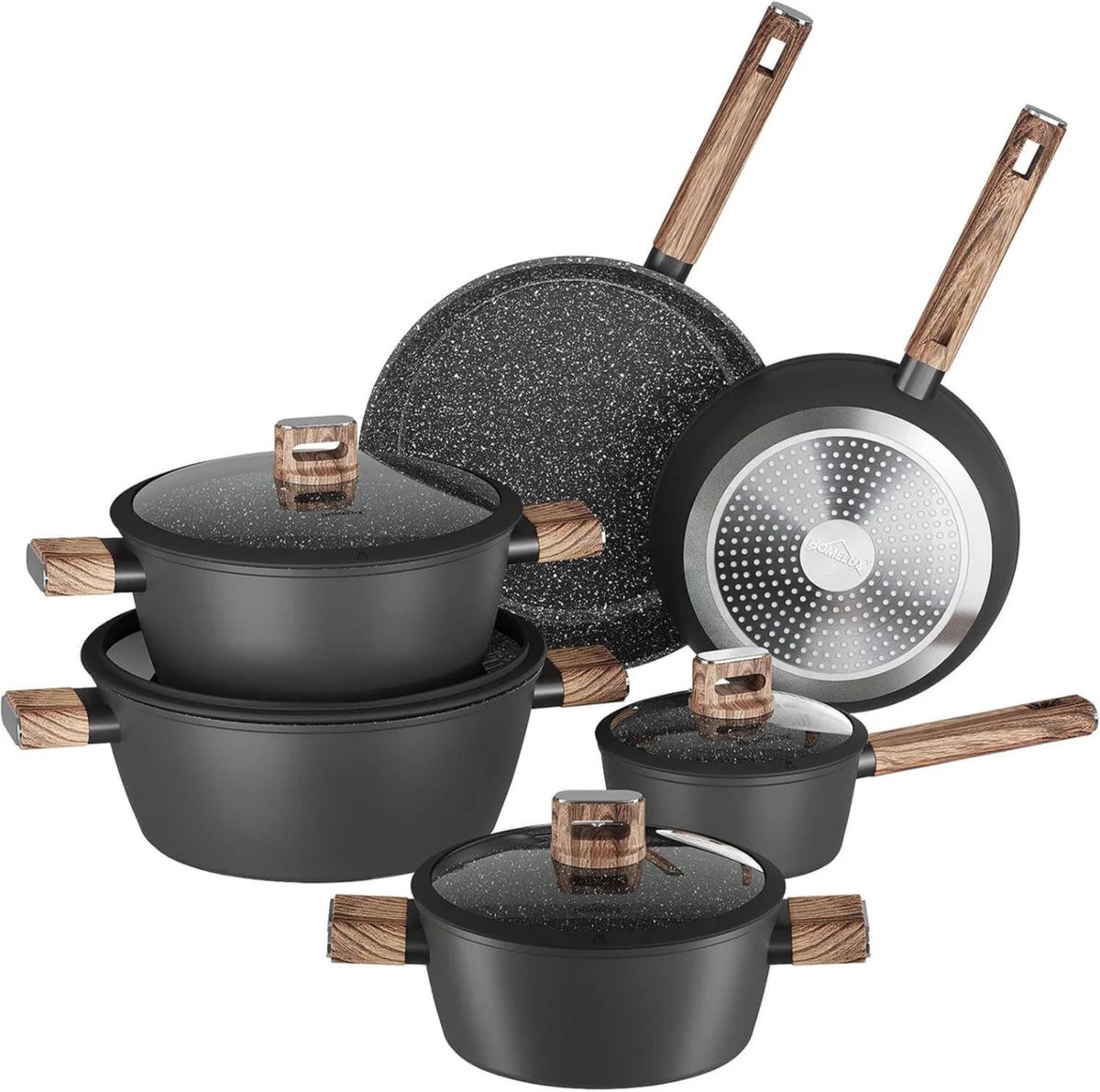 Homelux - 10-delige pannenset inductie – Aluminium kookset met granieten antiaanbaklaag – Pannenset met deksels Koekenpannen en soeppannen – Geschikt voor inductie, gas, elektrisch en keramisch – Hittebestendige handgrepen – Duurzame keuken pannenset