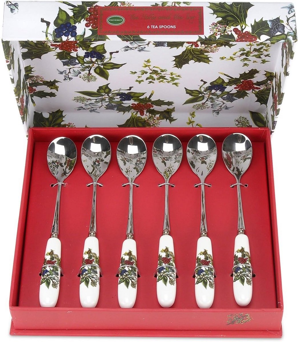 Set van 6 theelepels in roestvrij staal met botanisch kerstdesign