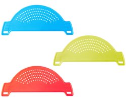 3 Stuks - Afgieter - Keuken Zeef - Pannen Schenktuit - Afgietdeksel met handvaten - Afgiethulp - 28,5*11,8 cm - Rood, Blauw, Groen - PP - Multifunctionele Afvoermand - Afgietdeksel - Keukengereedschap