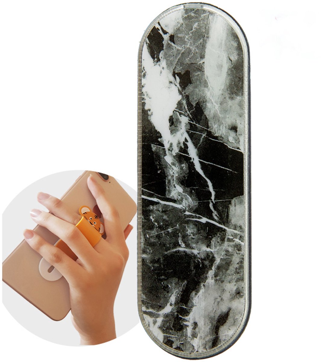 FingerGrip® - verstelbare flexibele GSM vingerhouder / Telefoonring grip / vingerhouder / telefoonring standaard / selfiehouder / telefoonhouder / ringhouder / telefoonstandaard – Marmer Zwart