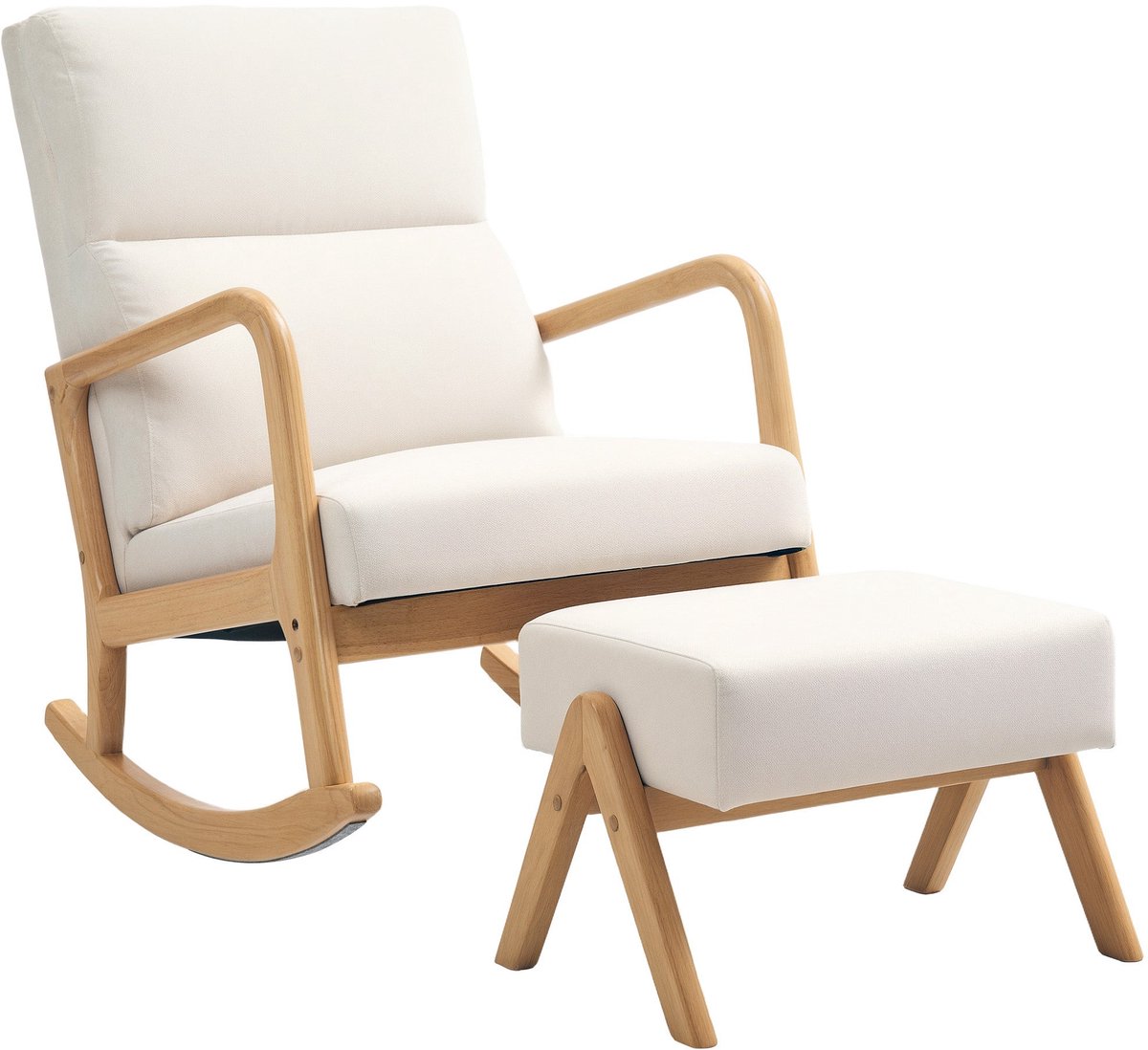 Merax Schommelstoel Met Voetenbank - Relaxfauteuil Met Linnenlook Bekleding - Houten Onderstel - Crèmewit - 65 x 96 x 94,5 cm - Belastbaar Tot 150 kg