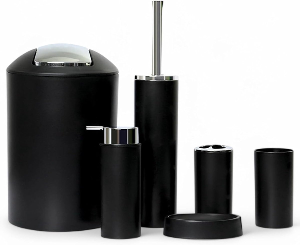 Ultiluxe® Badkamer set 6-delig - Zwart - Prullenbak, toiletborstel, zeepdispenser, toiletborstelhouder, beker, tandenborstelhouder, zeepbakje