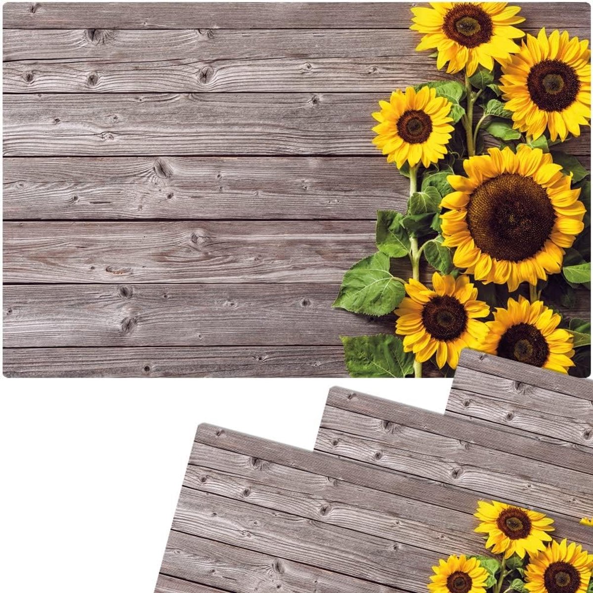 Set van 4 Kleurrijke, Afwasbare Placemats met Zonnebloemen op Houten Plank Motief
