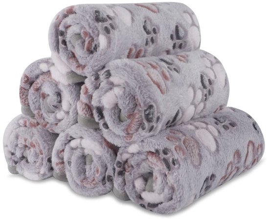 Set van 6 huisdierdekens - Superzachte en warme huisdierdekens - Pootafdrukpatroon - Pluche flanellen dekens geschikt voor alle honden en katten - Lichtgrijs - 40*60cm