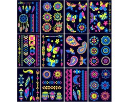 12 Cards Fluorescent Temporary Tattoo Set - Glow in the Dark - Luminous Designs - Neon Tattoos - Flash UV Neon Fake Waterproof Tattoo Stickers - Rave Festival Accessoires