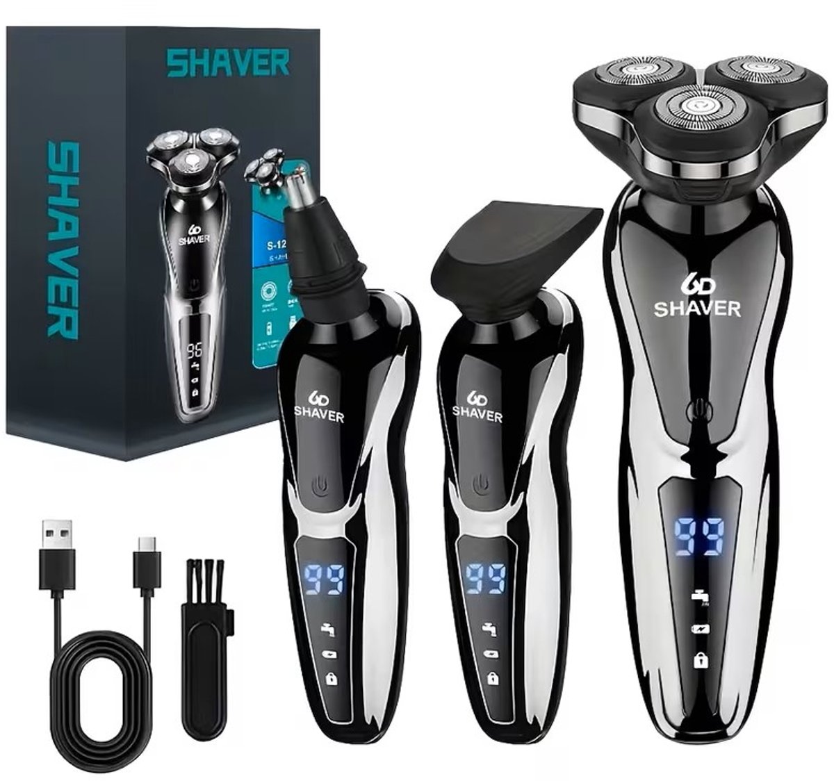3in1 - MIGUAN Scheerapparaat - Digitale en Usb Oplaadbare Bodyshaver + Baard/Precisietrimmer + Oor/Neustrimmer- Voor een complete en perfecte Lichaamshaar verzorging - Kleur: Zwart,Zilver