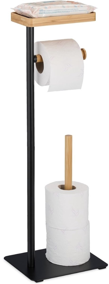 Famanu – Vrijstaande toiletrolhouder met plank en ruimte voor reserverollen, ijzer en bamboe, zwart/natuur