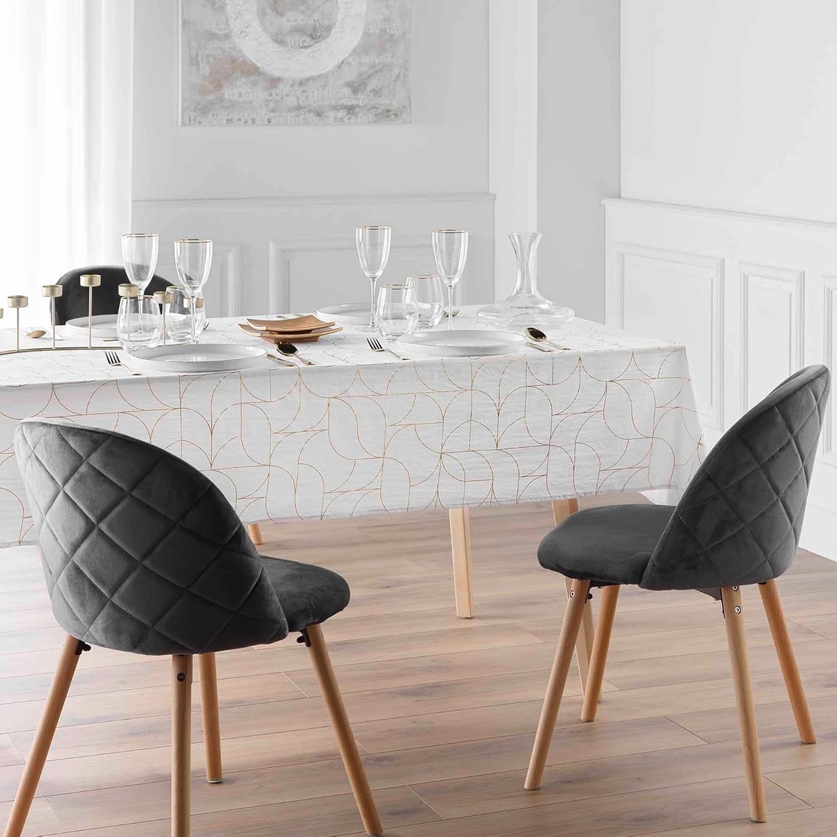 Rechthoekig Tafelkleed Wit/Goud 140x240 cm - Bedrukt Microvezel
