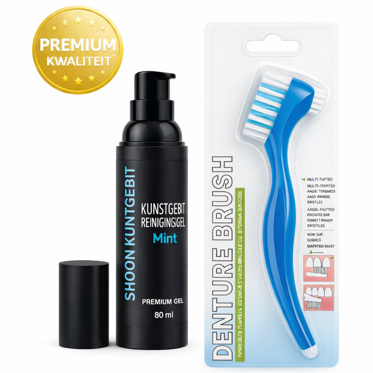 Kunstgebit Reinigingsset – Reinigingsgel Mint (80 ml) + Premium Kunstgebit Borstel – Voor Dagelijkse Reiniging