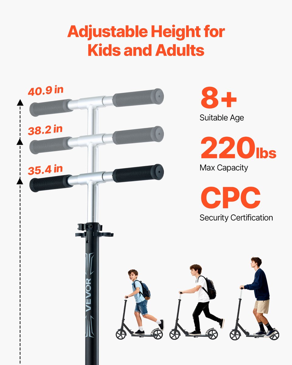 VEVOR Step (2 Wielen) voor Kinderen Vanaf 8 Jaar, Stadsstep, Kinderstep, Straatstep met In Hoogte Verstelbaar Stuur, Antislip Deck en Opvouwbaar Frame, Step tot 100 Kg, Zwart thumbnail 4