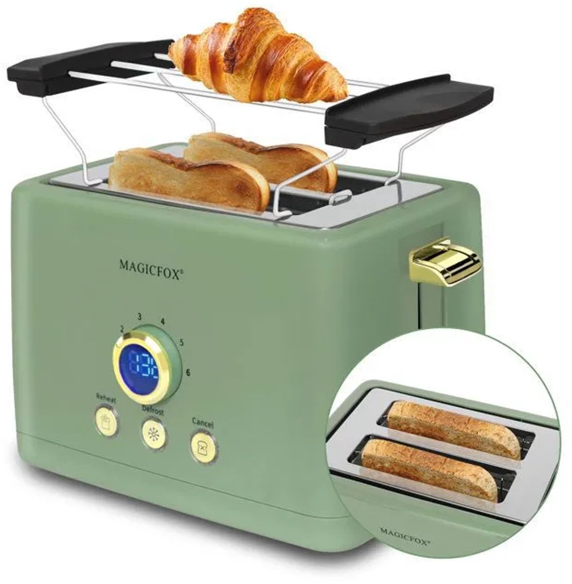 MAGICFOX ClassicToast-Digitale Broodrooster-840W-2 Extra Brede Sleuven-Automatische Uitwerping-3 Standen- Groen