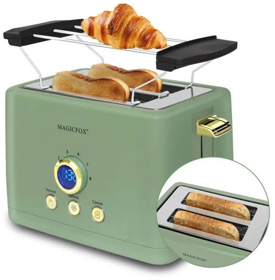 MAGICFOX ClassicToast-Digitale Broodrooster-840W-2 Extra Brede Sleuven-Automatische Uitwerping-3 Standen- Groen