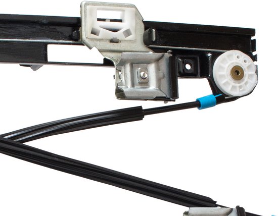 Zilverkleurige raammotor met zwarte kabels, groene en blauwe accenten op witte achtergrond.