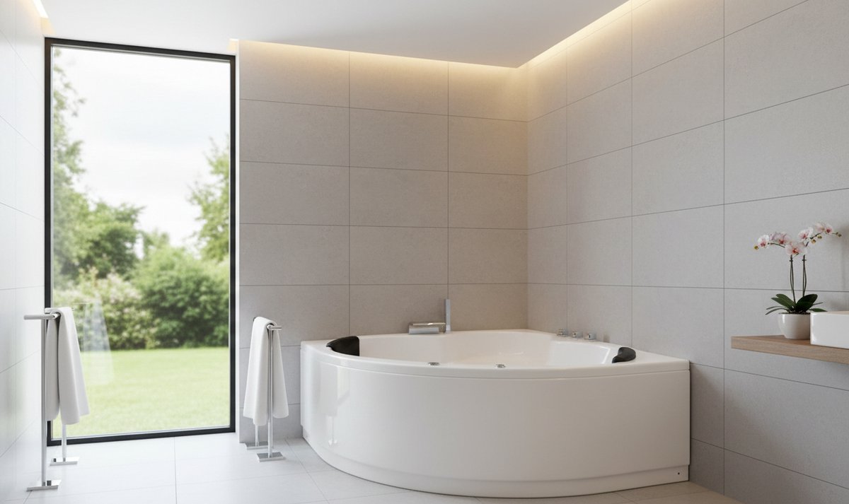 Maui Deluxe Hoekwhirlpool – 210L Hoogglans Wit Acryl, Luxe Wandmontage Jacuzzi met Krachtige Massagejets, Waterbesparend & Comfortabel, Premium Wellness Bad voor Thuis,MedaHomeStore