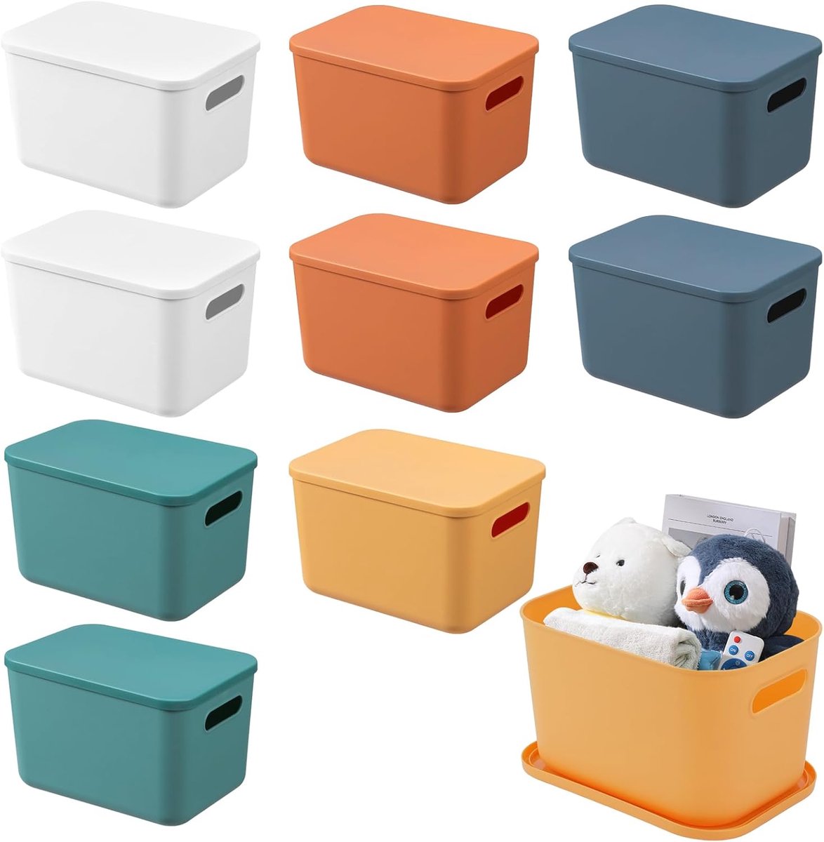 Famanu – Opbergdozen met deksel - kastorganizer in 5 kleuren - stapelbare kunststof manden met handgrepen - hoogwaardige opbergkubussen voor badkamer - keuken - kantoor - 25 x 18 x 16 cm - 10 stuks