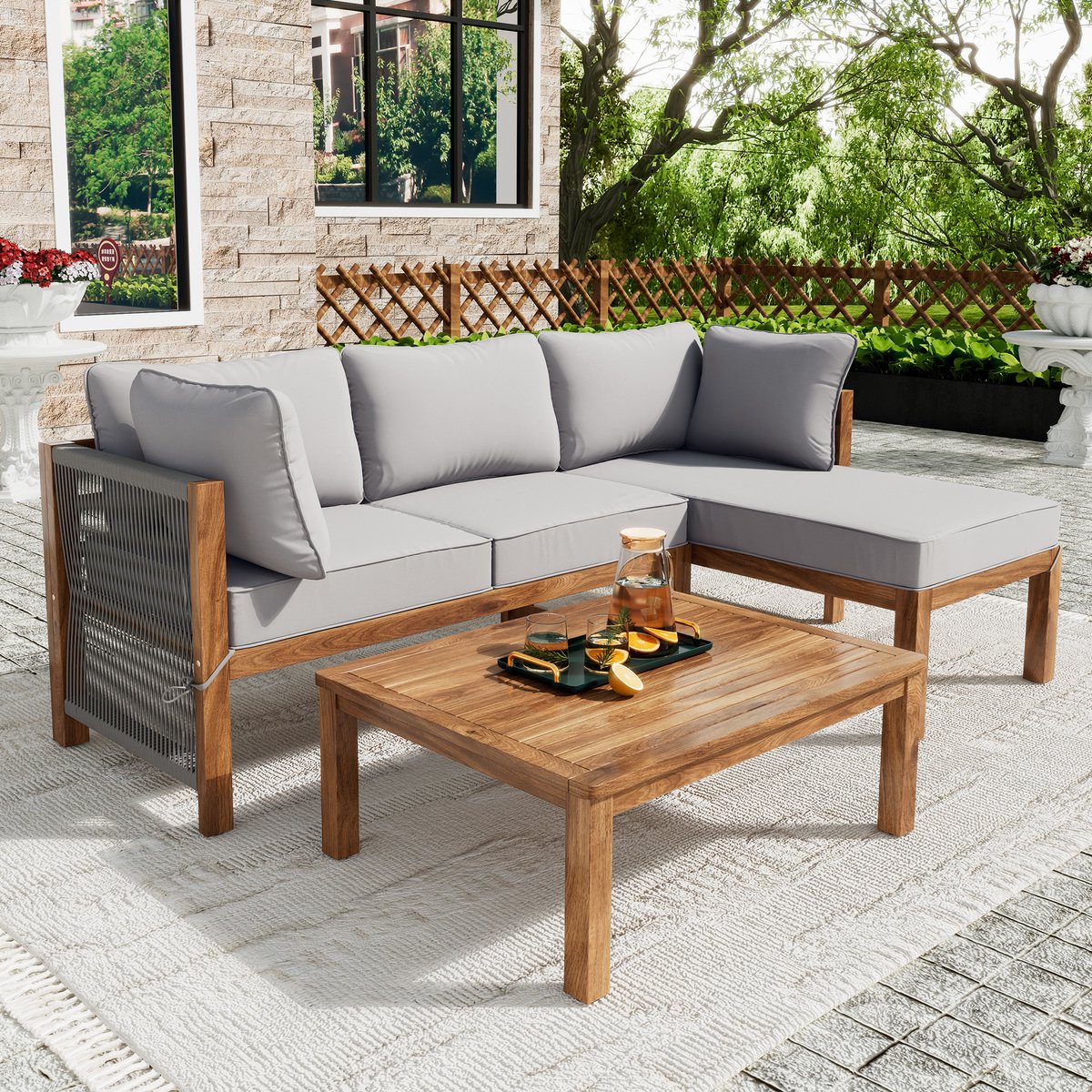 STILVORA Tuin Loungeset 3 Delig 175x58x80 cm - Handgevlochten Touw Armleuningen & Afneembare Kussens - Voor Terras En Balkon - Hout Grijs