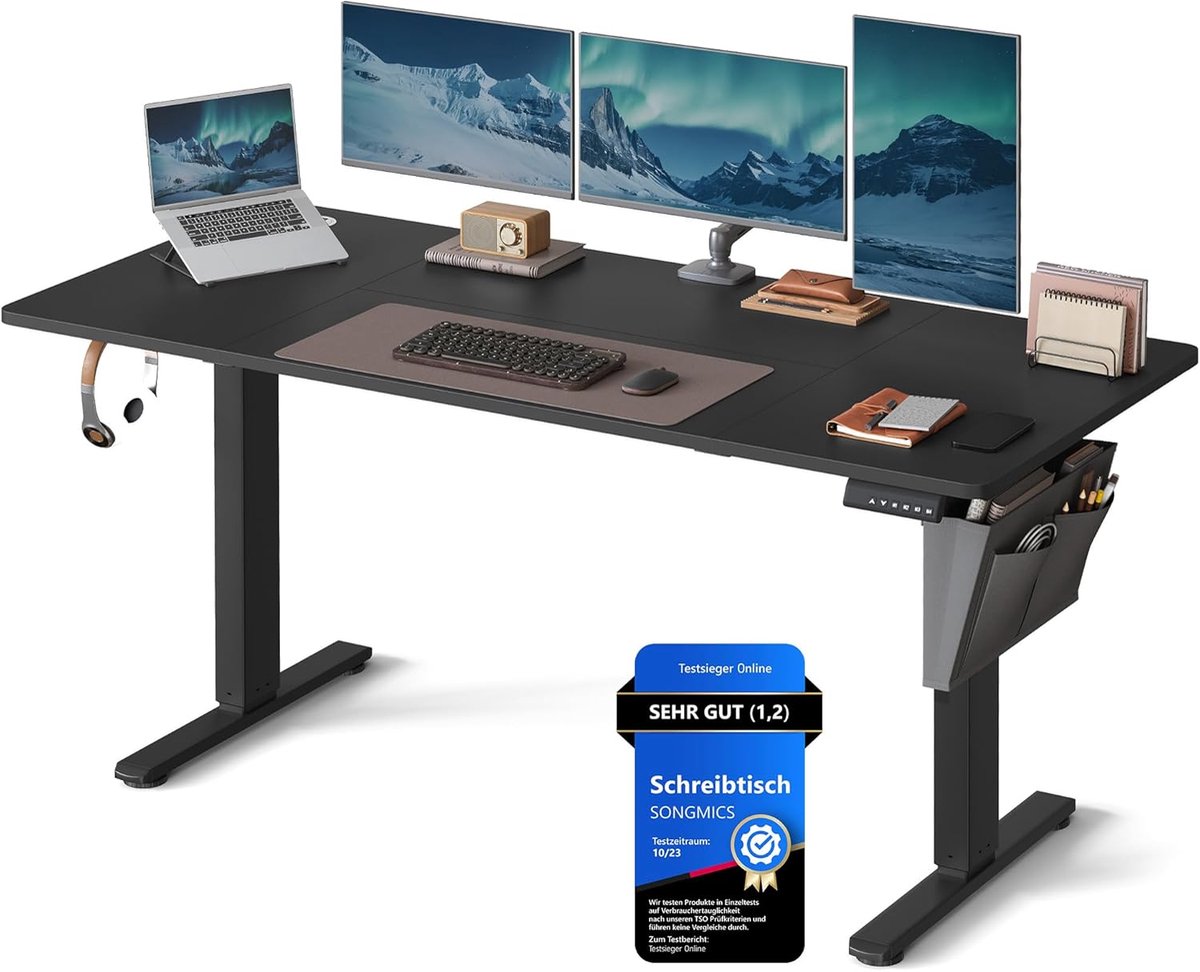 SONGMICS In hoogte verstelbaar bureau elektrisch, 160 x 70 x (72-120)cm, verstelbare tafel, geheugenfunctie voor 4 hoogtes, voor thuiskantoor, studeerkamer, inktzwart LSD136B01