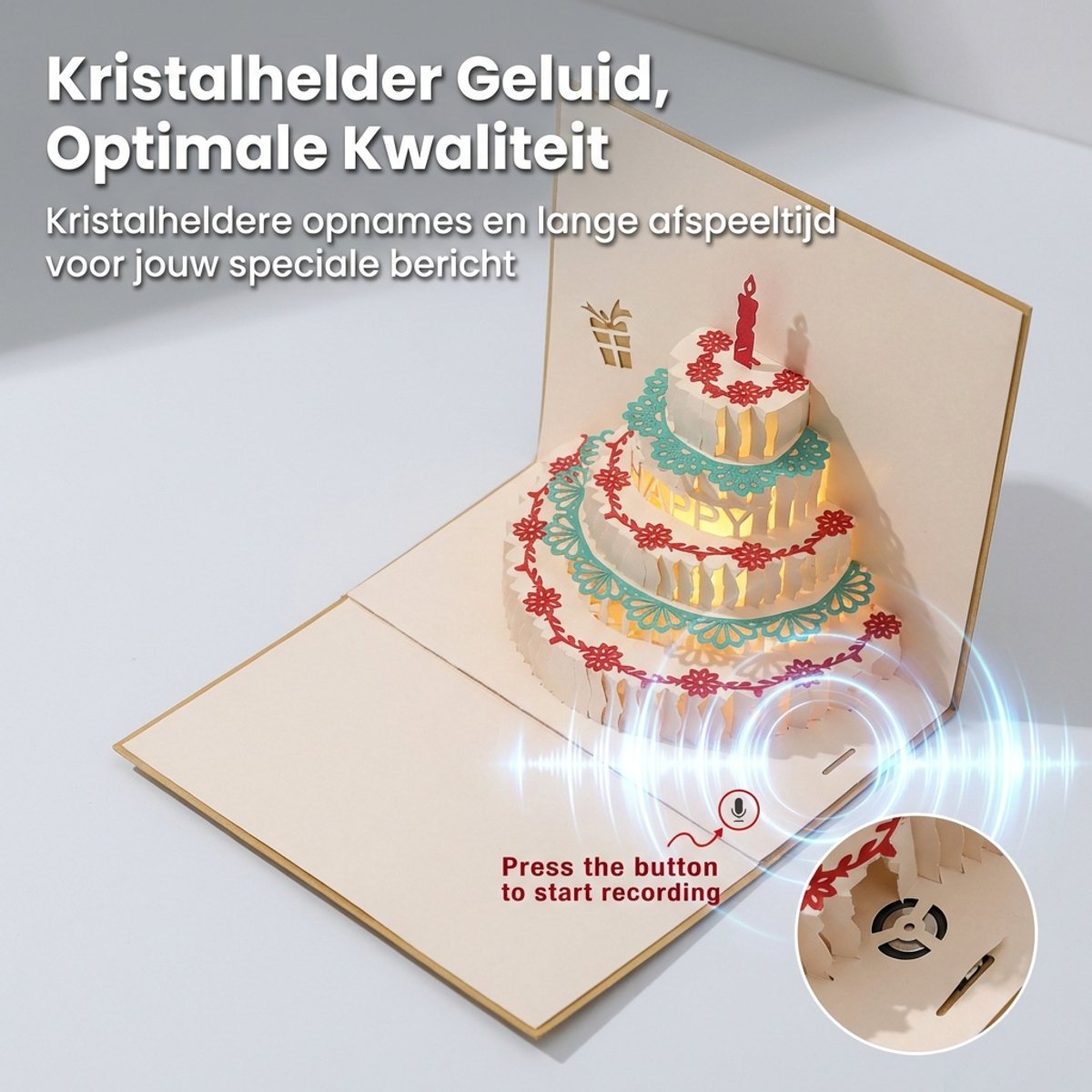 YYchan popupkaarten – Verjaardagskaart met Licht & Geluidsopname – 3D Pop-up Taart – Warm LED Licht – Persoonlijke Spraakboodschap – 15×15cm Wenskaart