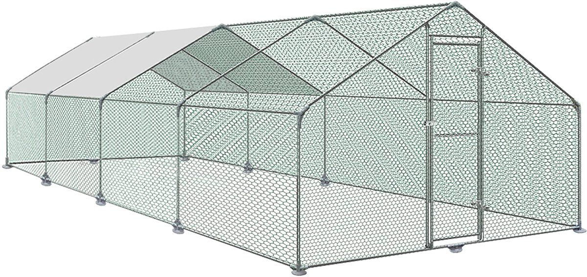 ACXIN Kippenhok met Ren - 3x8x2m - Verzinkt Frame - PVC Net - PE Dak
